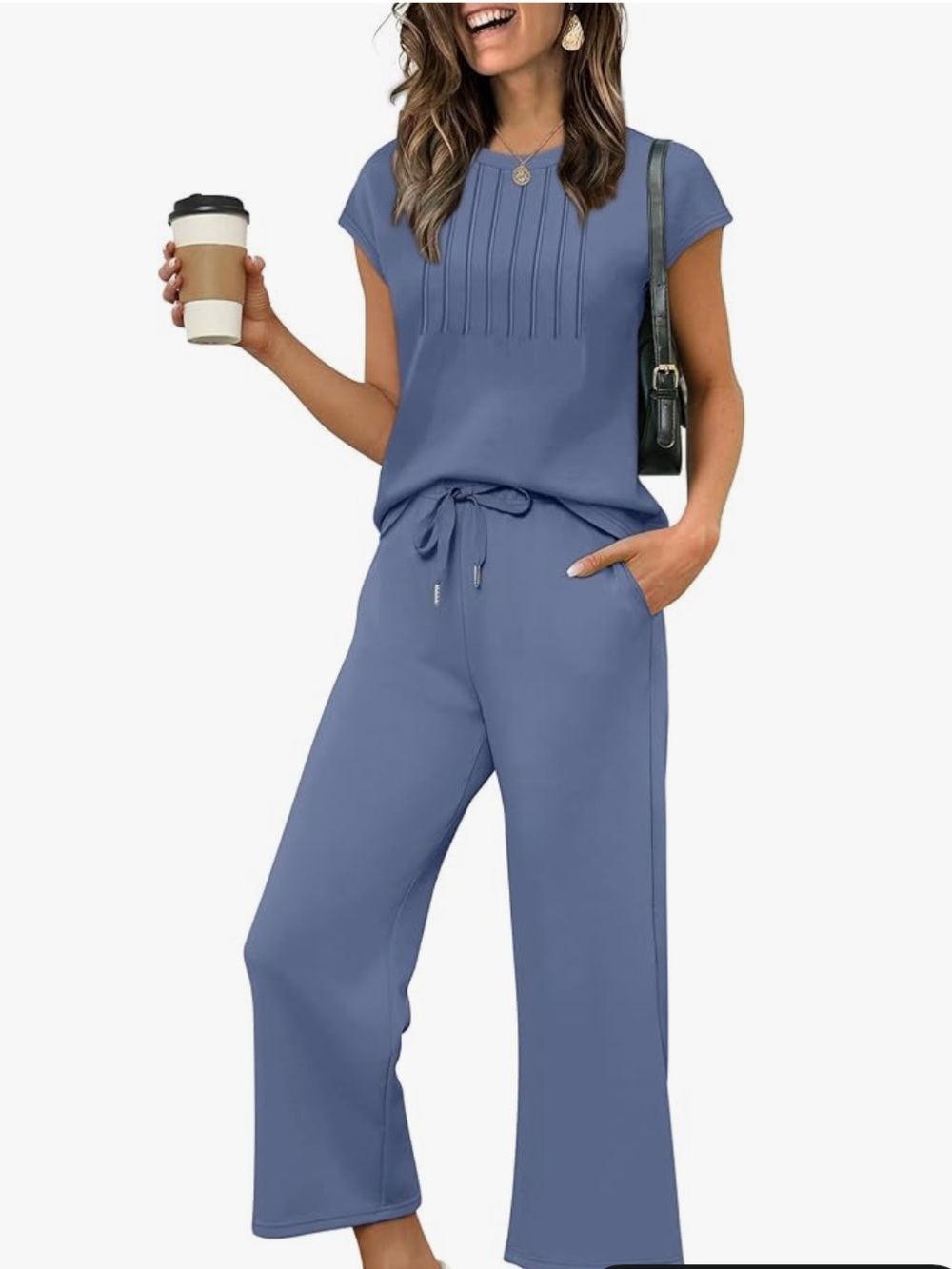Women’s Two-Piece Casual Wide-Leg Pant Set in Slate Blue